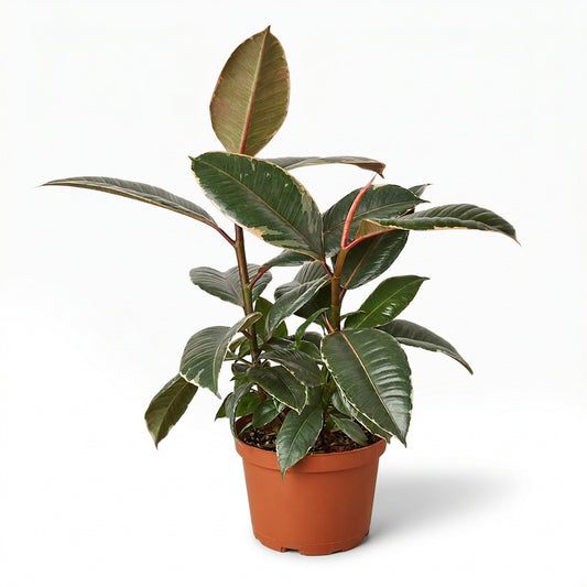 A rubber plant (Ficus elastica) with dark green leaves with white variegation in a 6 inch terracotta-colored plastic nursery pot, photographed against a clean white background.