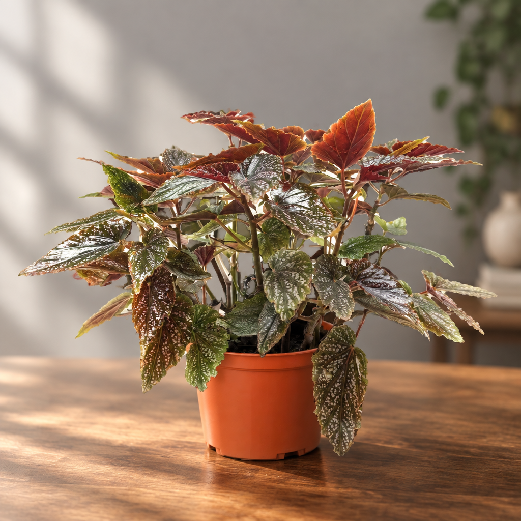 Begonia ‘Corallina’ plant with dark glossy leaves in a brown pot sitting in a brown surface with grey background and light shinning through. 