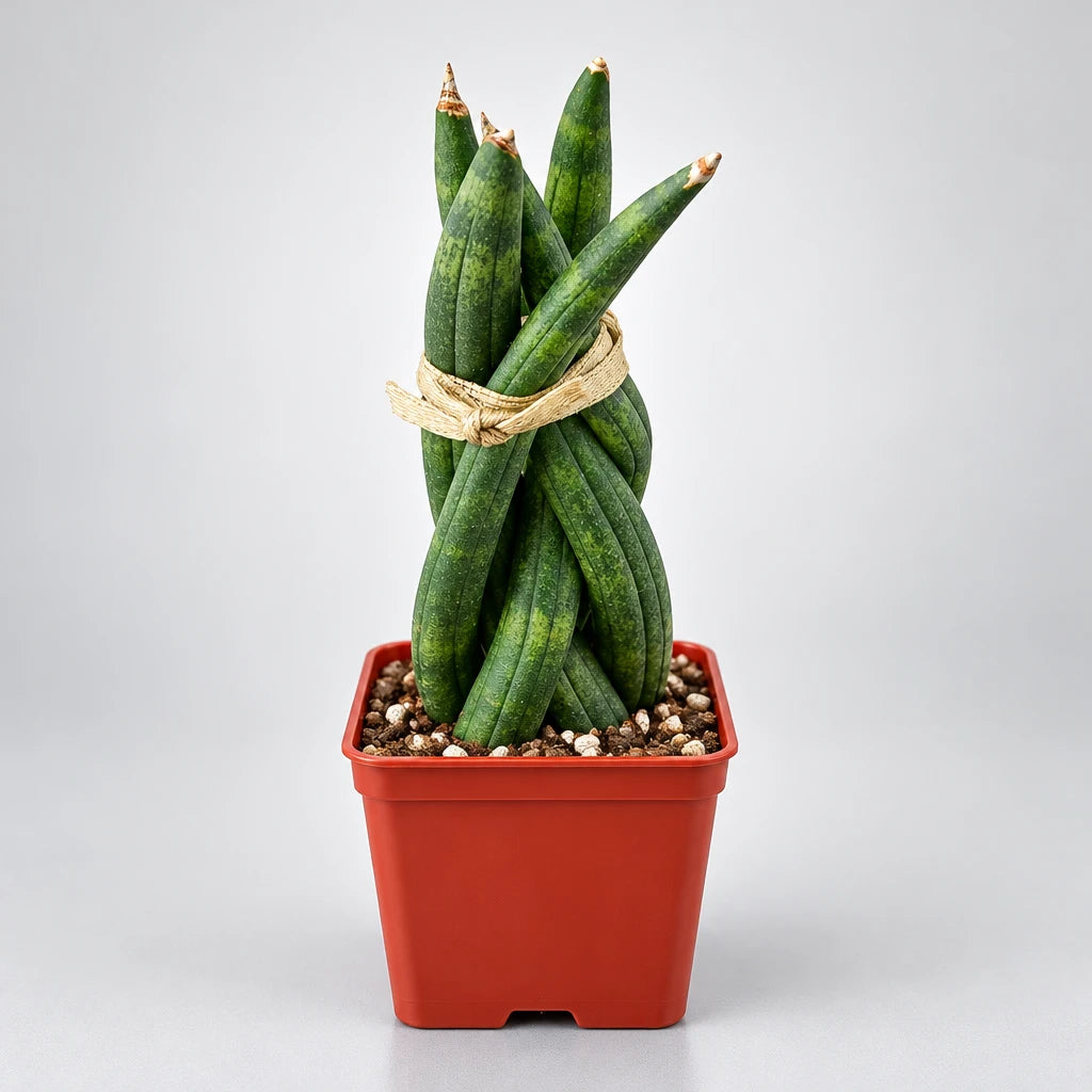 Potted braided snake plant with green stems tied together in a brown pot  on a grey background
