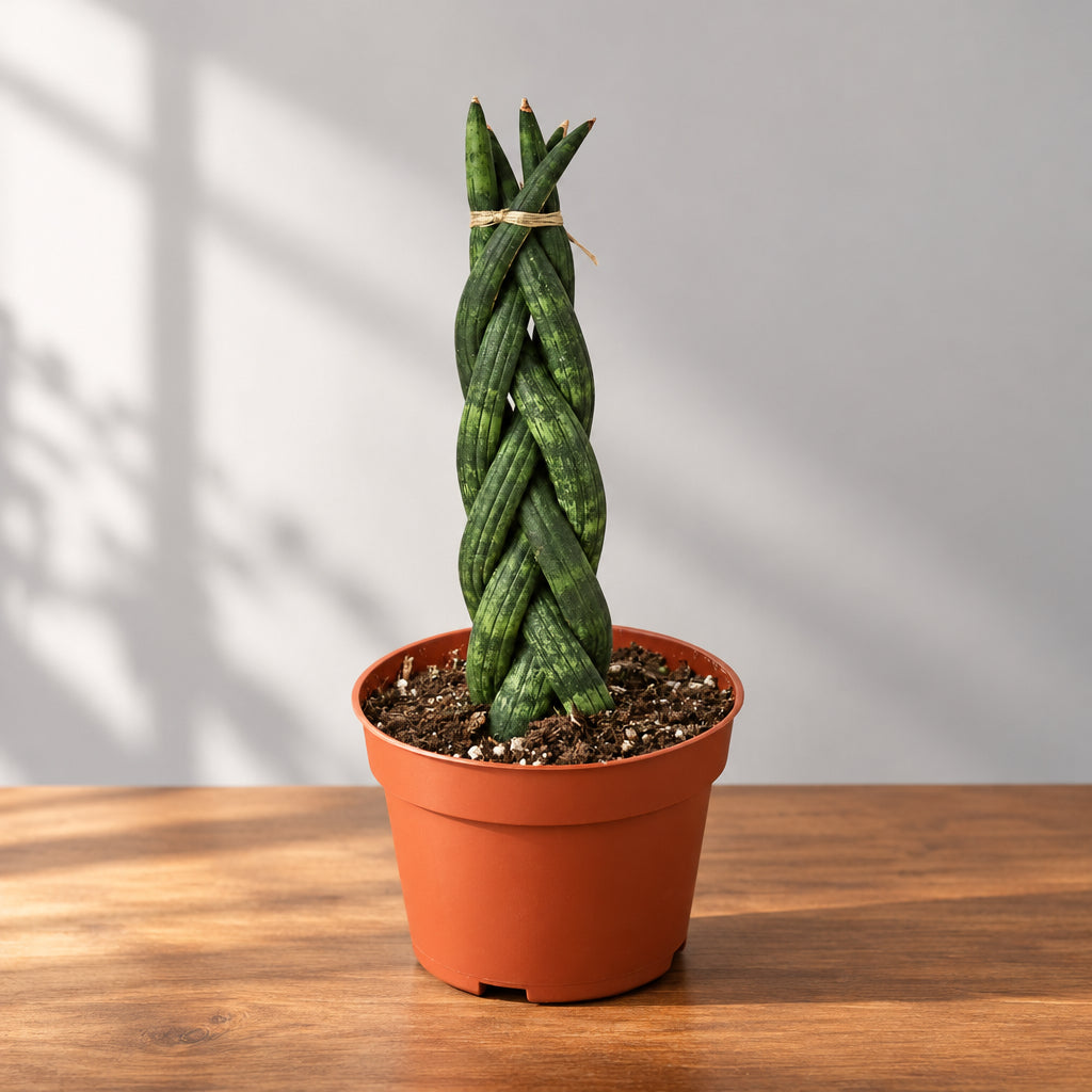 A potted braided snake plant with a twisted, braided stem, growing in a terracotta-colored plastic pot filled with soil, on brown surface with a grey background.