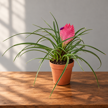 Potted Bromeliad Cyanea 'Pink Quill' in a brown pot with green leaves and a pink flower in a brown surface with grey background. 