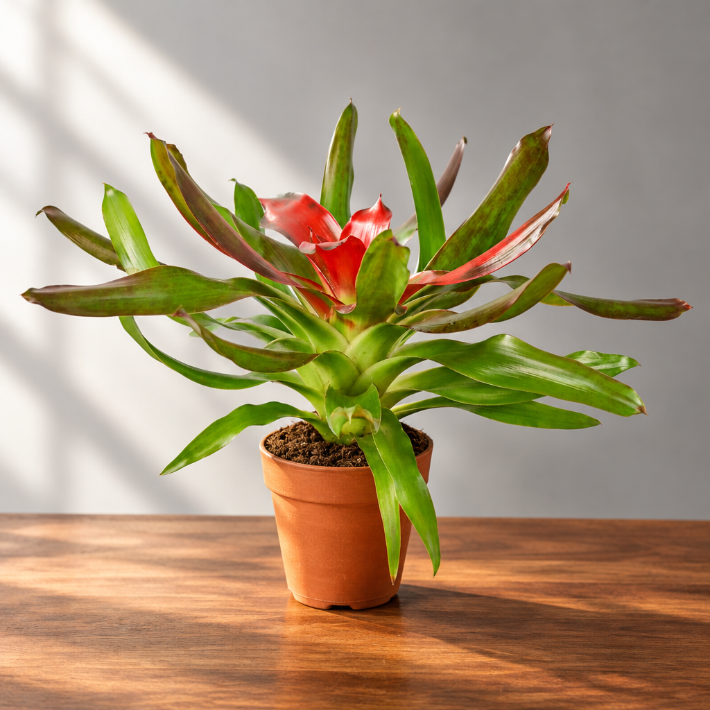 A potted bromeliad ‘medusa’ plant with green and reddish leaves in a terracotta-colored plastic pot, in a brown surface isolated on a grey background.