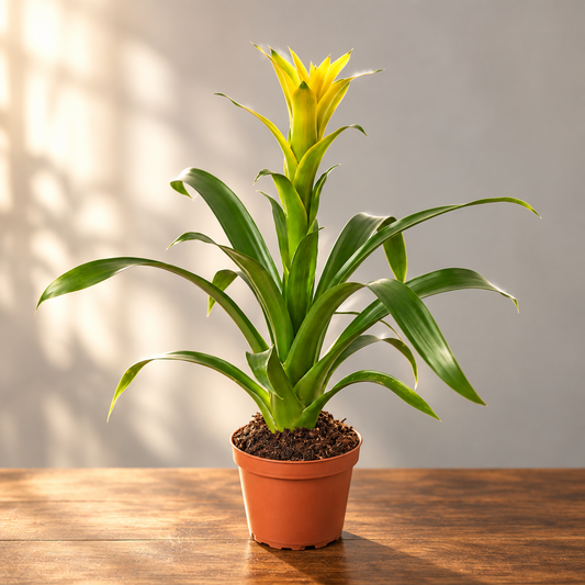 A Bromeliad 'Yellow' with green leaves and a yellow flower in a brown pot sitting in a brown surface with grey background.
