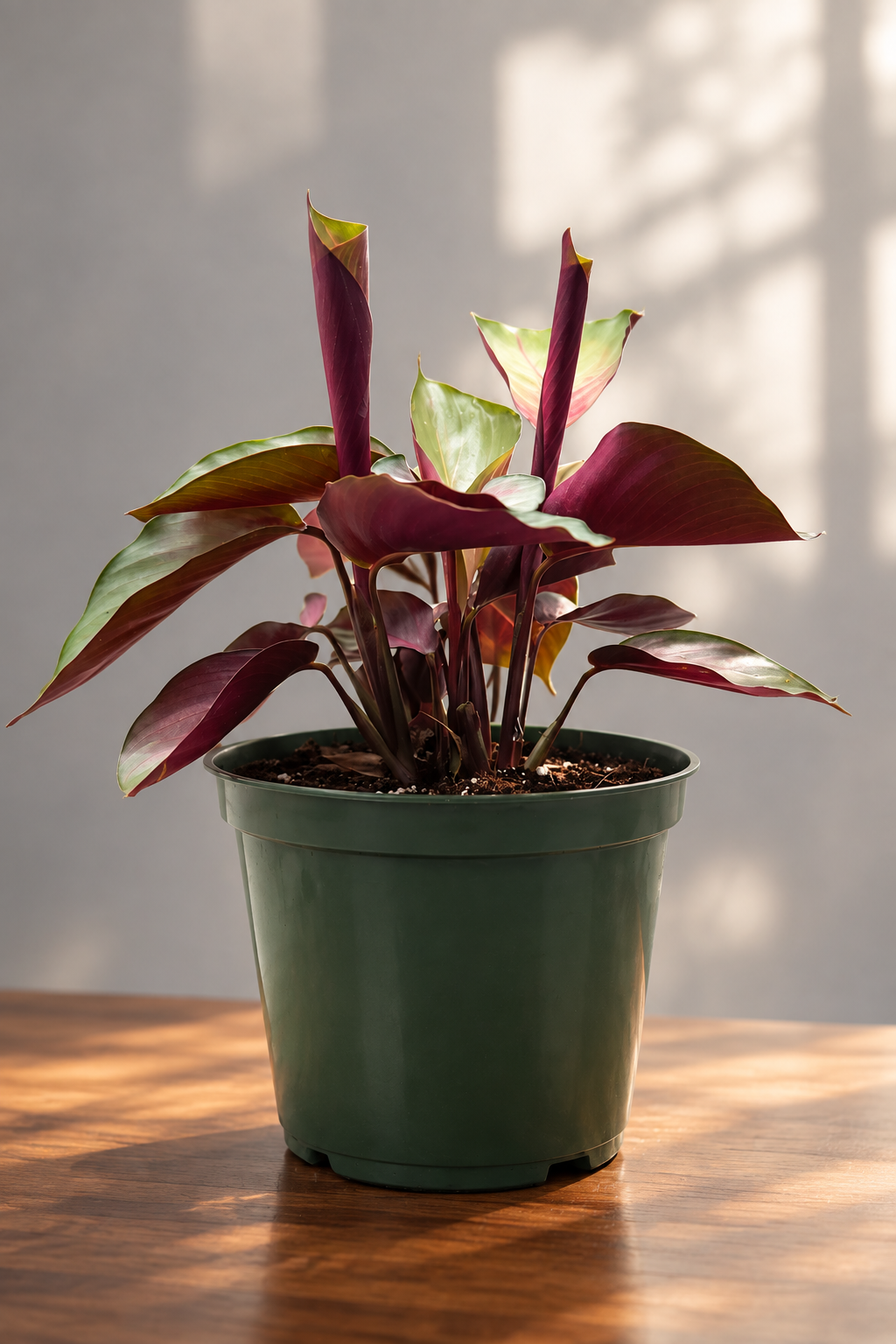 Calathea ‘sliver plate’ with burgundy leaves in a green pot on brown surface with grey background. 