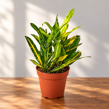 Potted croton ‘sunny star’ plant with green and yellow leaves in a brown pot on a brown surface with a grey background