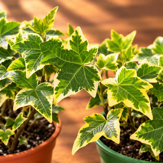Close up of Low light ‘English Ivy’ plant leaves with green variegated leaves with 1 plant in a brown pot and the other in a green pot both sitting in a brown table. 