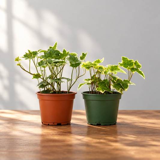 Two potted ‘English Ivy’ plants, one in a brown pot and the other in a green pot, on a brown table background with grey wall with light shinning  through. 
