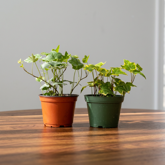 Two potted trailing ‘English Ivy’ plants, one in a brown pot and the other in a green pot, on a brown table background with grey wall with light shinning  through. 