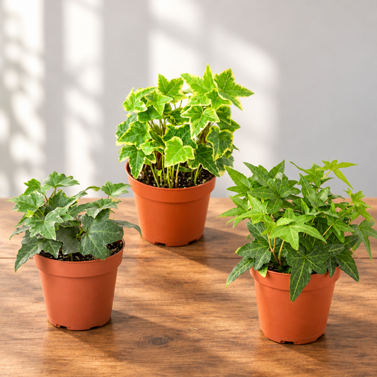 Three potted English ivy plants with green leaves in brown pots sitting on a brown surface with light from a window. 
