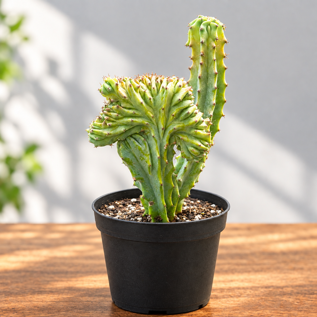 A potted Euphorbia lattes ‘mermaid tail’ hybrid succulent plant in a black pot on a brown surface with grey background.