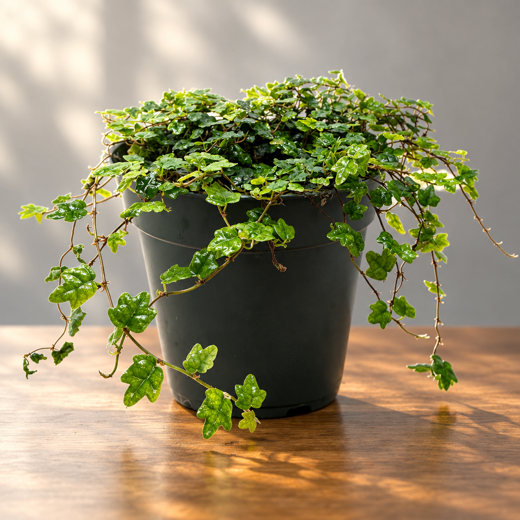 A potted trailing ivy ficus ‘string of frogs’ with glossy green leaves and thin vines draping over the sides of a dark gray plastic pot, on a brown surface set against a plain gray background.