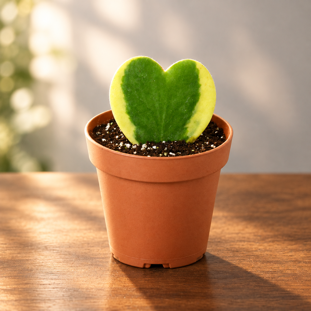 A heart-shaped green Hoya ‘sweetheart’ variegated succulent plant with yellow variegation, potted in a terracotta-colored plastic nursery pot on a brown surface set against a grey background.