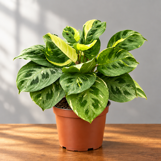 Maranta ‘Variegated Beauty Kim’ with variegated leaves in a brown pot sitting in a brown table with grey background 