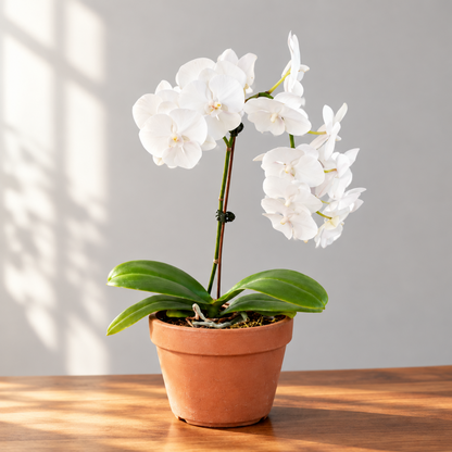 Potted Orchid ‘White Phalaenopsis’ plant in a terracotta pot on a brown surface with a grey background.