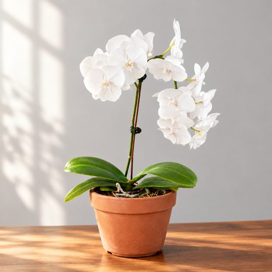 Potted Orchid ‘White Phalaenopsis’ plant in a terracotta pot on a brown surface with a grey background.