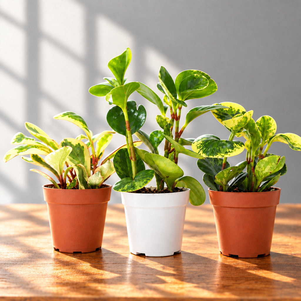 3 Different Peperomia rubber  Plants on a brown surface 2 in brown pots 1 in a white pot with grey background and light shinning through 