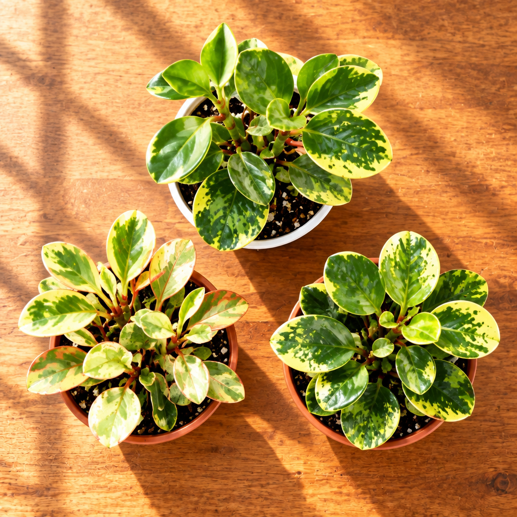 Over view of 3 Different Peperomia rubber  Plants on a brown surface 2 in brown pots 1 in a white pot with grey background and light shinning through 