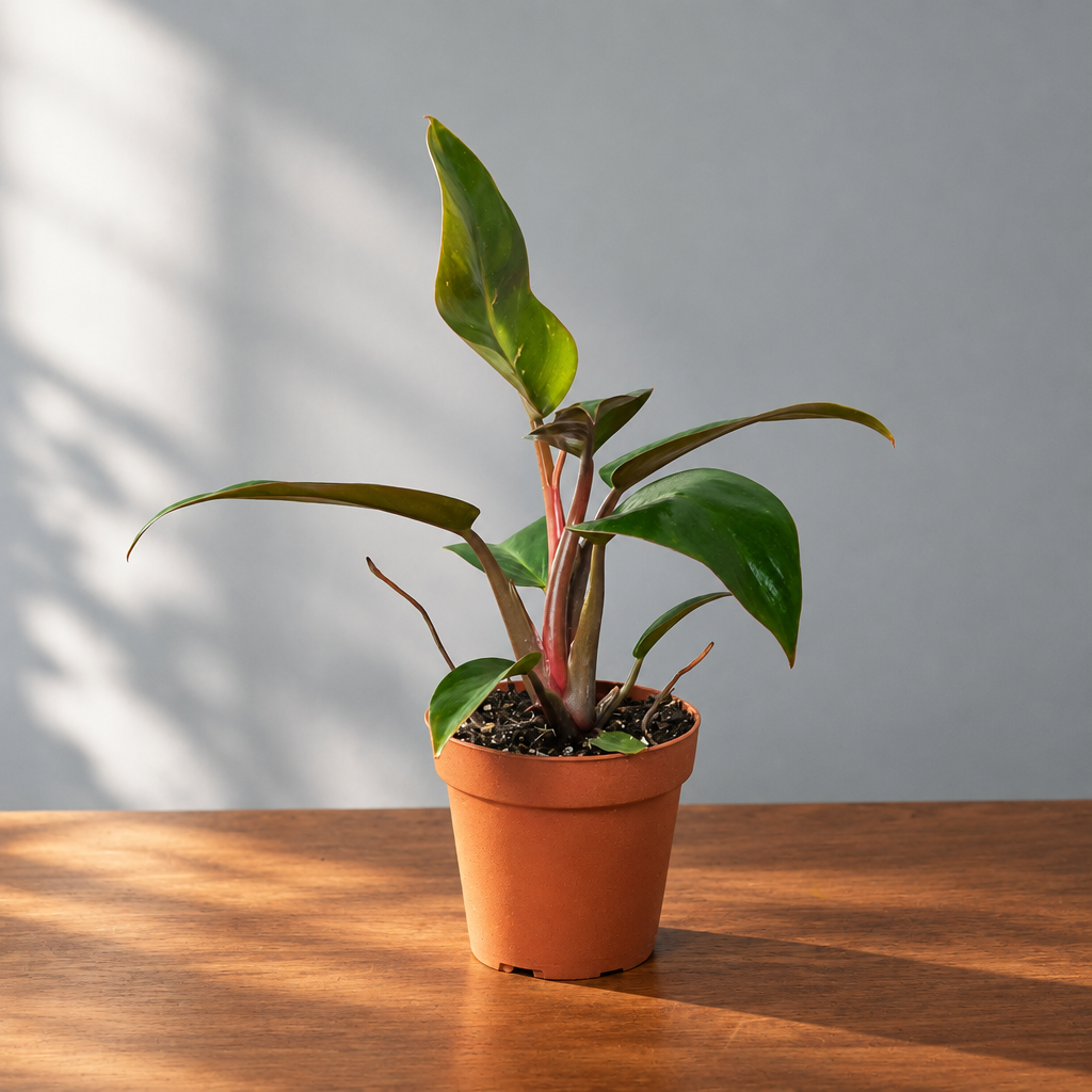 Potted philodendron’birkin’ plant with green and pink leaves on a brown surface with a grey background