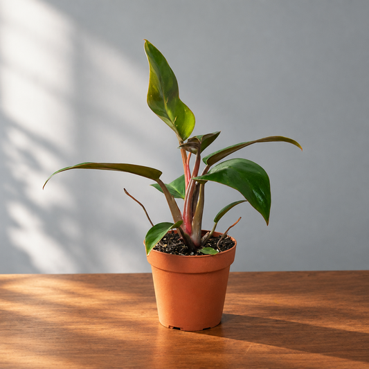 Potted philodendron’birkin’ plant with green and pink leaves on a brown surface with a grey background