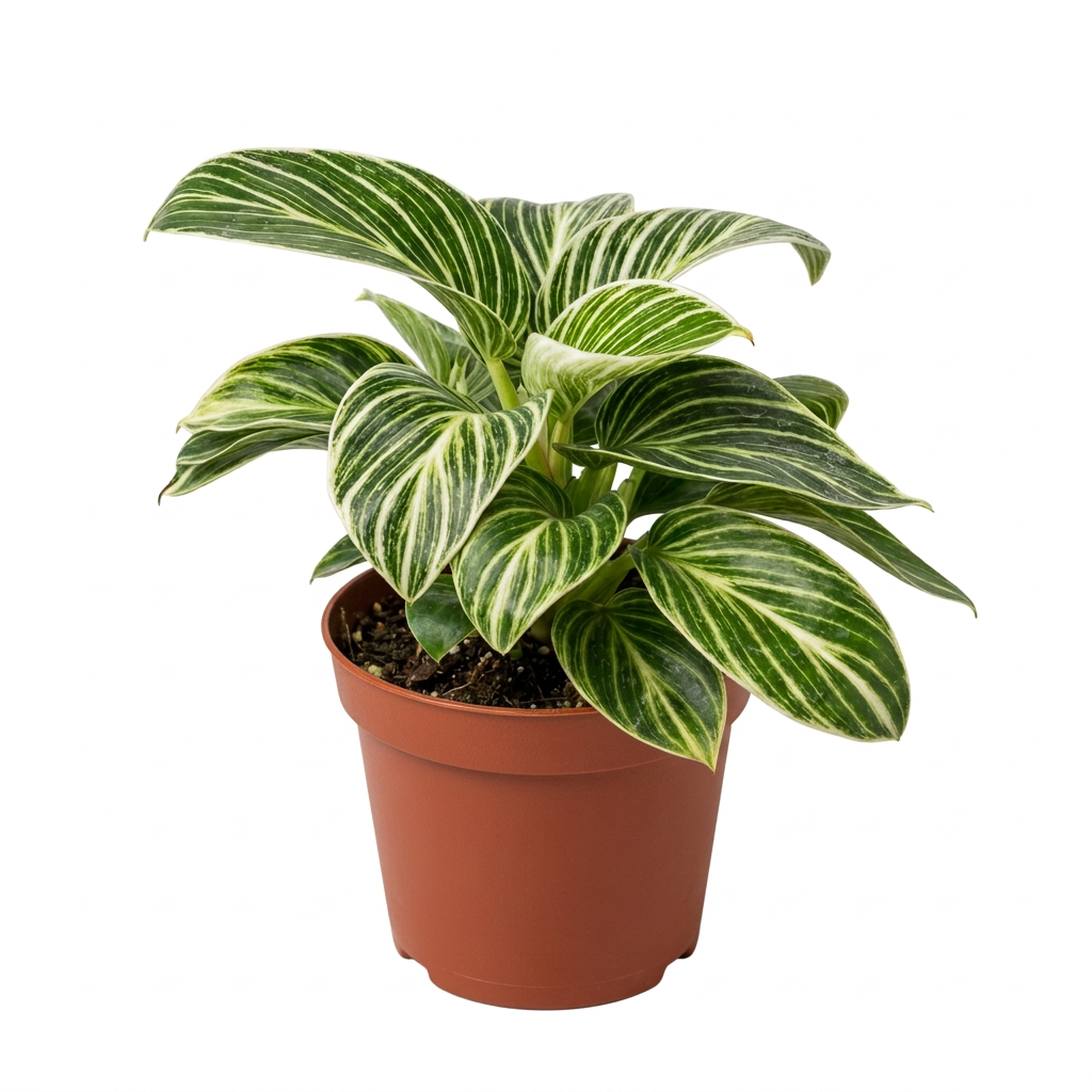 Potted philodendron ‘white measure’ plant with green leaves with white stripes in a brown 4” pot on a solid white background. 