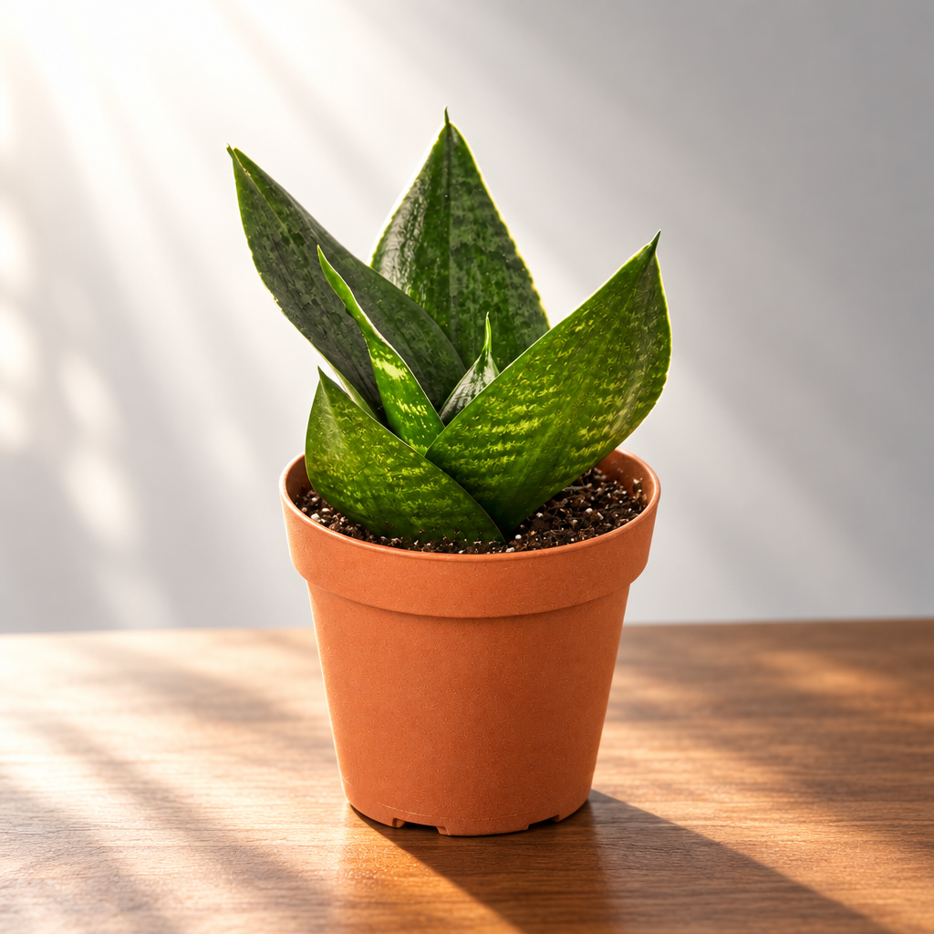 A small snake ‘jade’ plant in a brown colored plastic pot, photographed on a brown surface against a solid grey background.