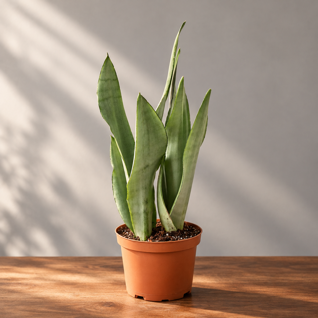 A potted snake plant ‘moonshine’ with upright green leaves in a small brown colored plastic pot on a brown surface shown against a plain grey background.