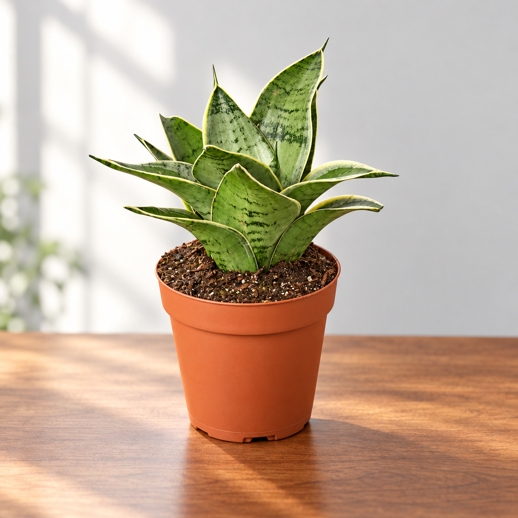 Potted snake plant ‘star light’ with green leaves in a brown pot on a brown surface with a grey background.