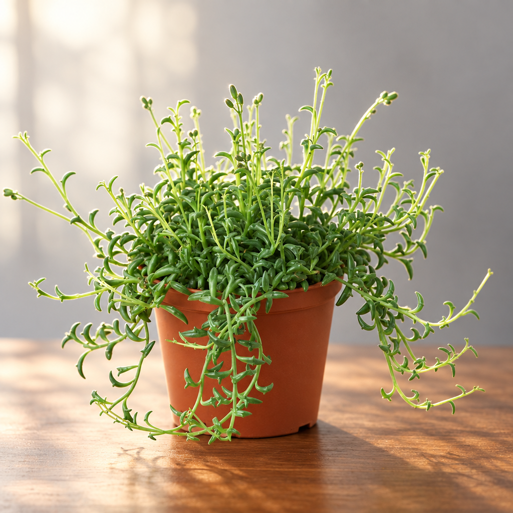 Potted string of dolphins succulent plant with green leaves in a brown pot on a brown surface with grey background.