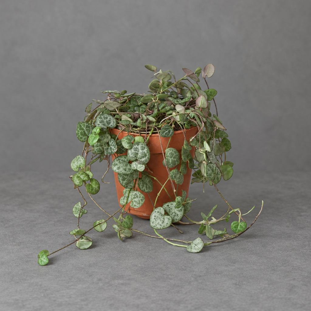 A potted trailing ‘string of hearts’ succulent with green leaves trailing down the pot on a grey surface with a grey background. 