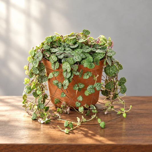 A potted ‘string of hearts’ succulent in a 6”brown pot that’s trailing down the pot with green leaves on a brown surface and grey background.