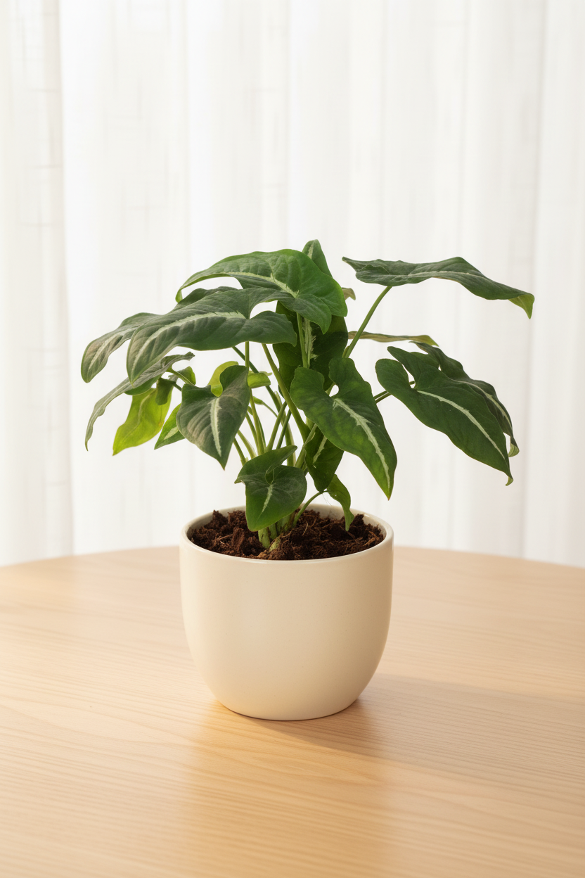 A potted green plant with heart-shaped leaves in a white ceramic pot, placed on a light wood table in front of a white curtain background.