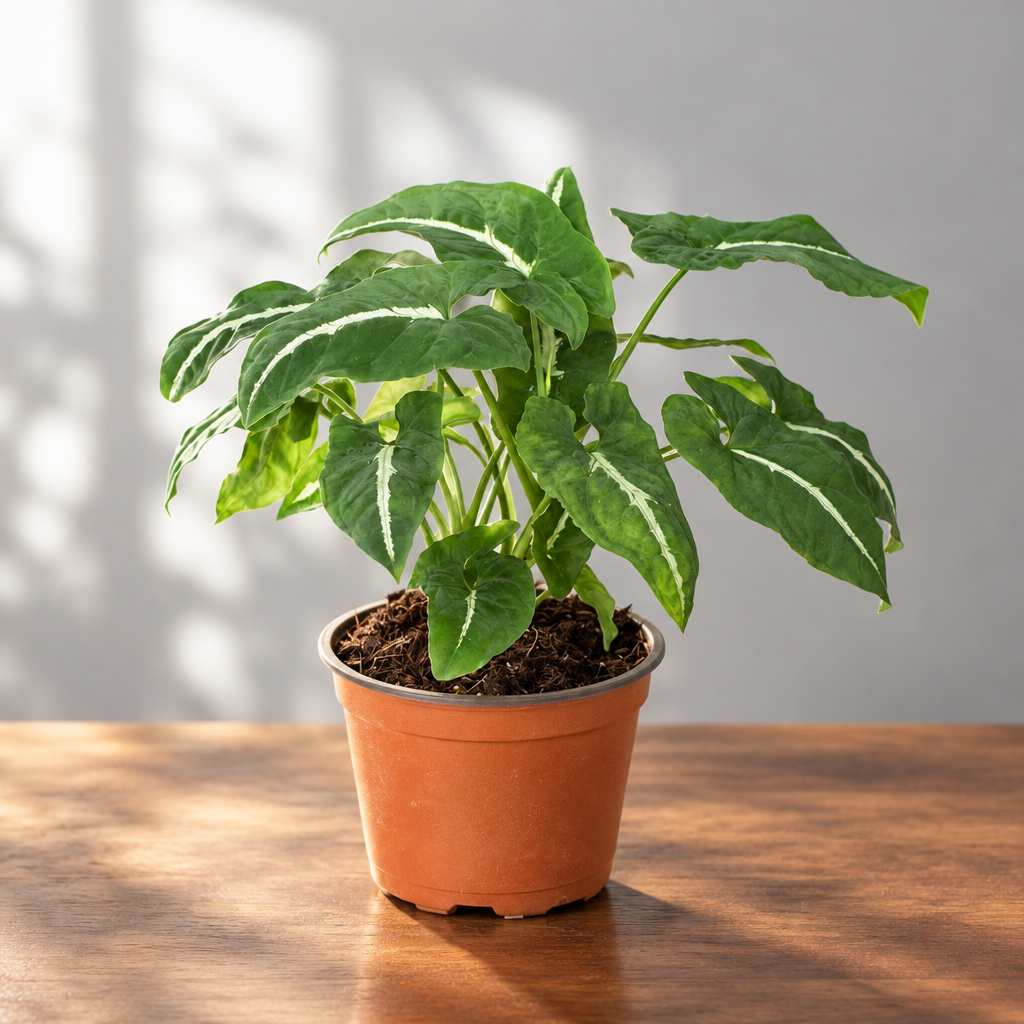 Potted syngonium wendlandi ‘black velvet’ plant with velvety green leaves with a white stripe in a brown pot on brown surface with a grey background.