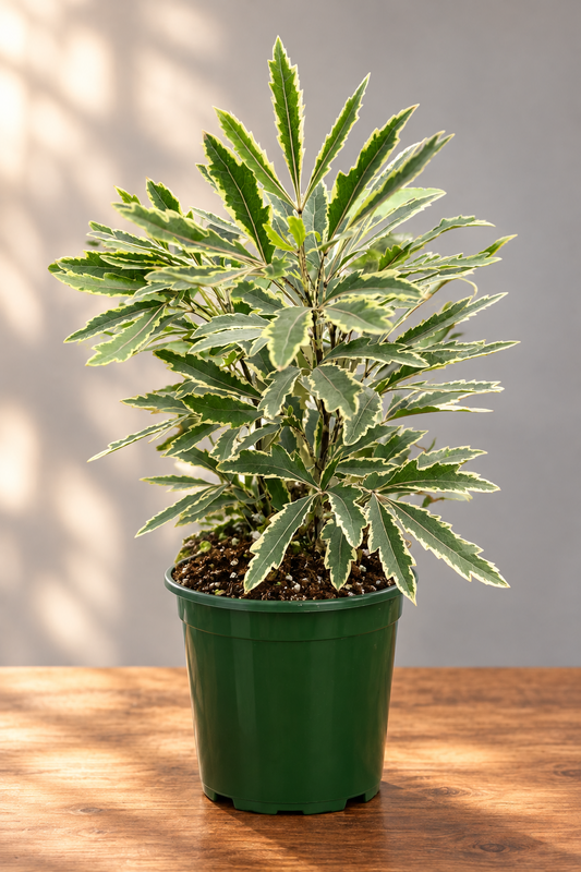 Variegated False Aralia ‘Bianca’ with green and white variegated leaves in a green pot on a brown wood surface with a grey background. 