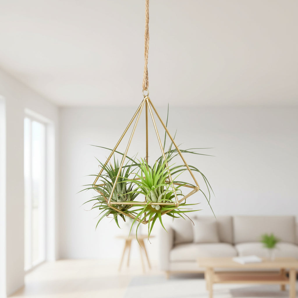 Hanging air plant holder with air plants on a white background in living room