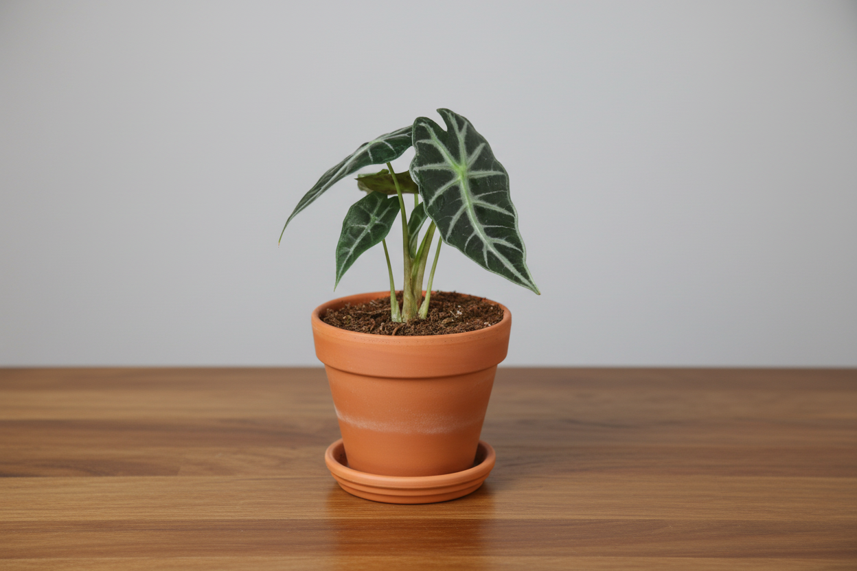 Potted plant with large green leaves on a white background