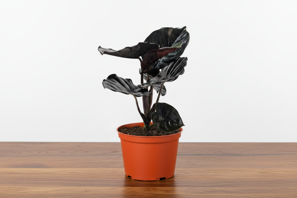 Potted plant with dark green leaves in an orange pot on a white background