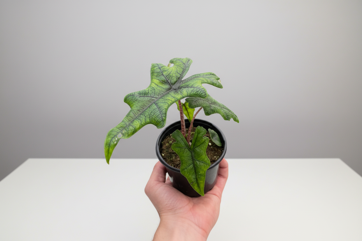 Hand holding a potted plant with large green leaves on a white background