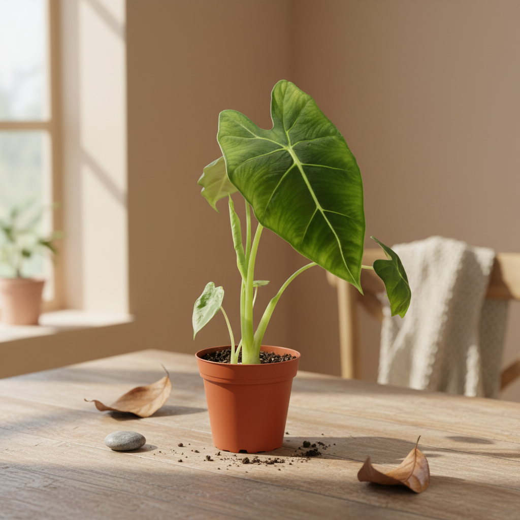 Potted plant with large green leaves on a white background