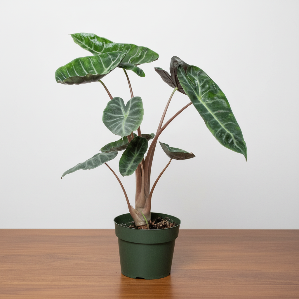 Alocasia pink dragon sitting on a brown table with grey background 