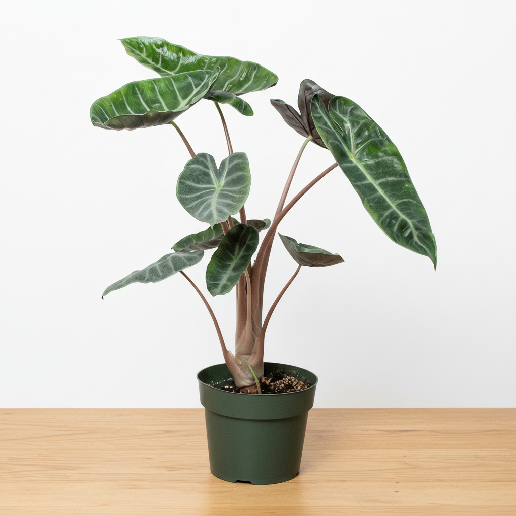 Potted plant with large green leaves on a white background sitting on brown table 