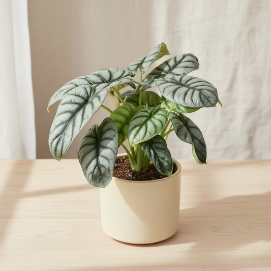 Potted plant with silver leaves in a white pot with soil sitting on table next to a window with light 
