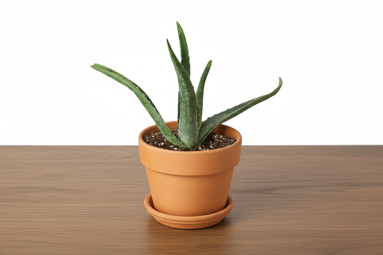 Potted aloe vera plant on a white background