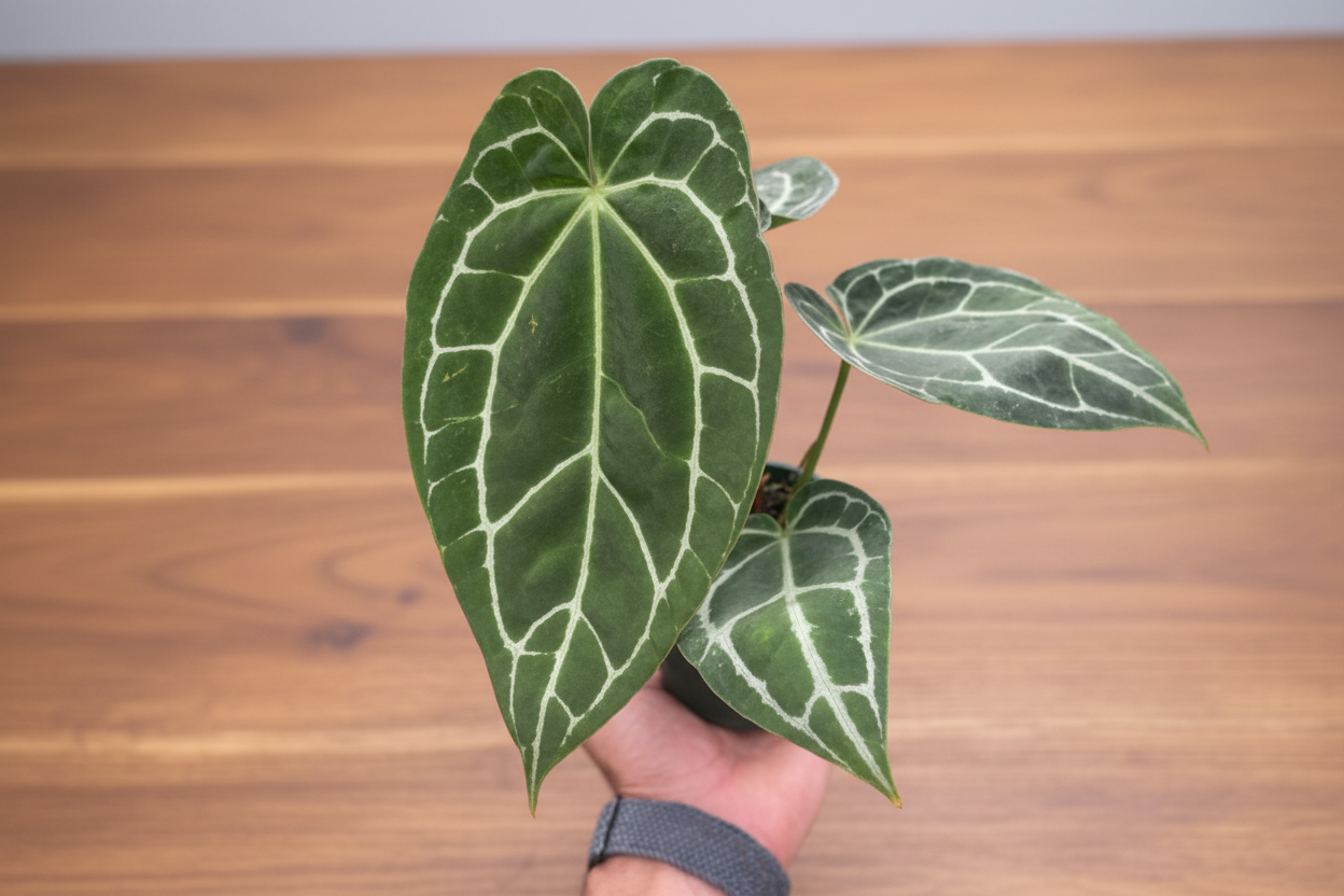 Hand holding a potted plant with green leaves and white veins against a white background