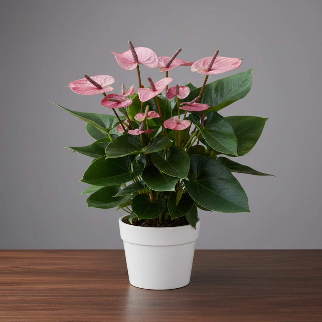 Potted plant with pink flowers and green leaves on a light wooden surface.