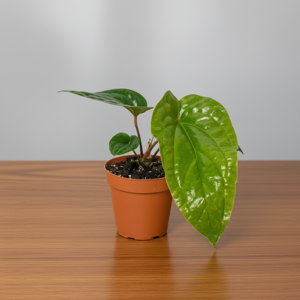 Potted plant with large green leaves on a white background sitting on a brown table