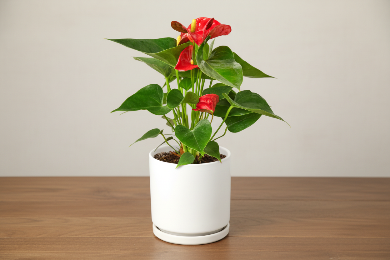 Potted plant with red flowers and green leaves on a white background