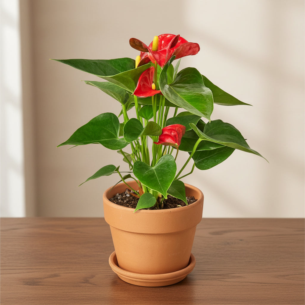 Potted plant with red flowers and green leaves on a white background
