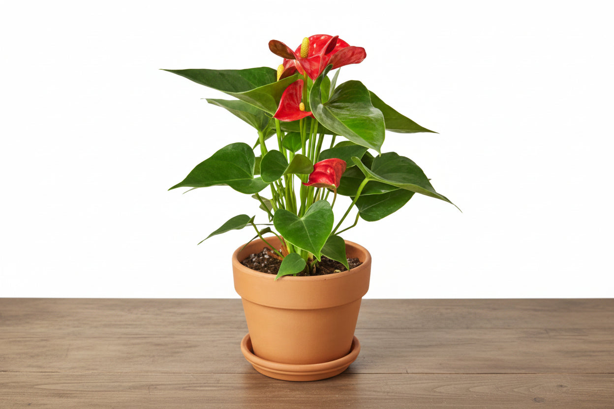 Potted plant with red flowers on a white background
