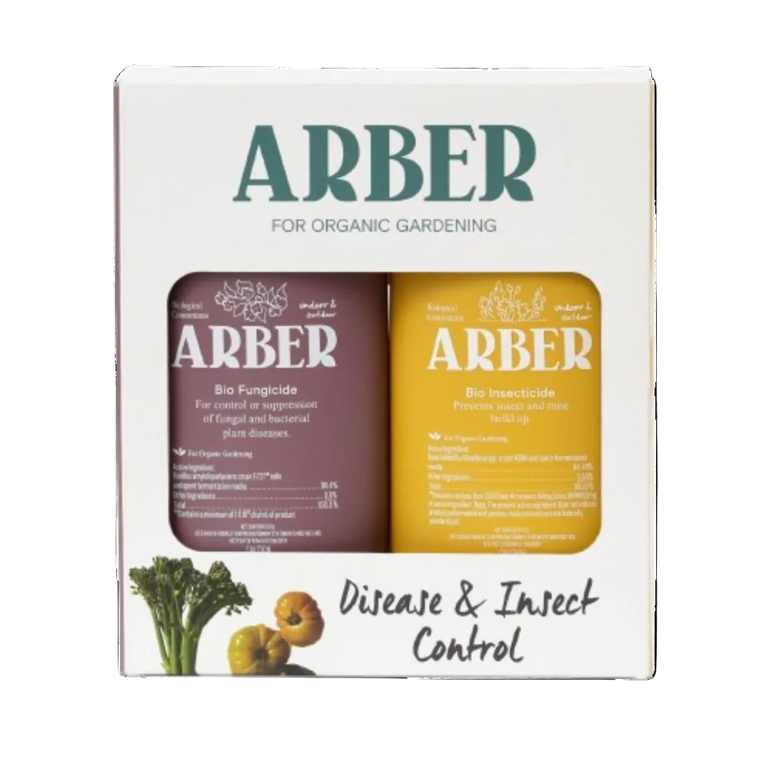 Arber Organic Disease & Insect Control Starter Set with purple Bio Fungicide and yellow Bio Insecticide bottles.
