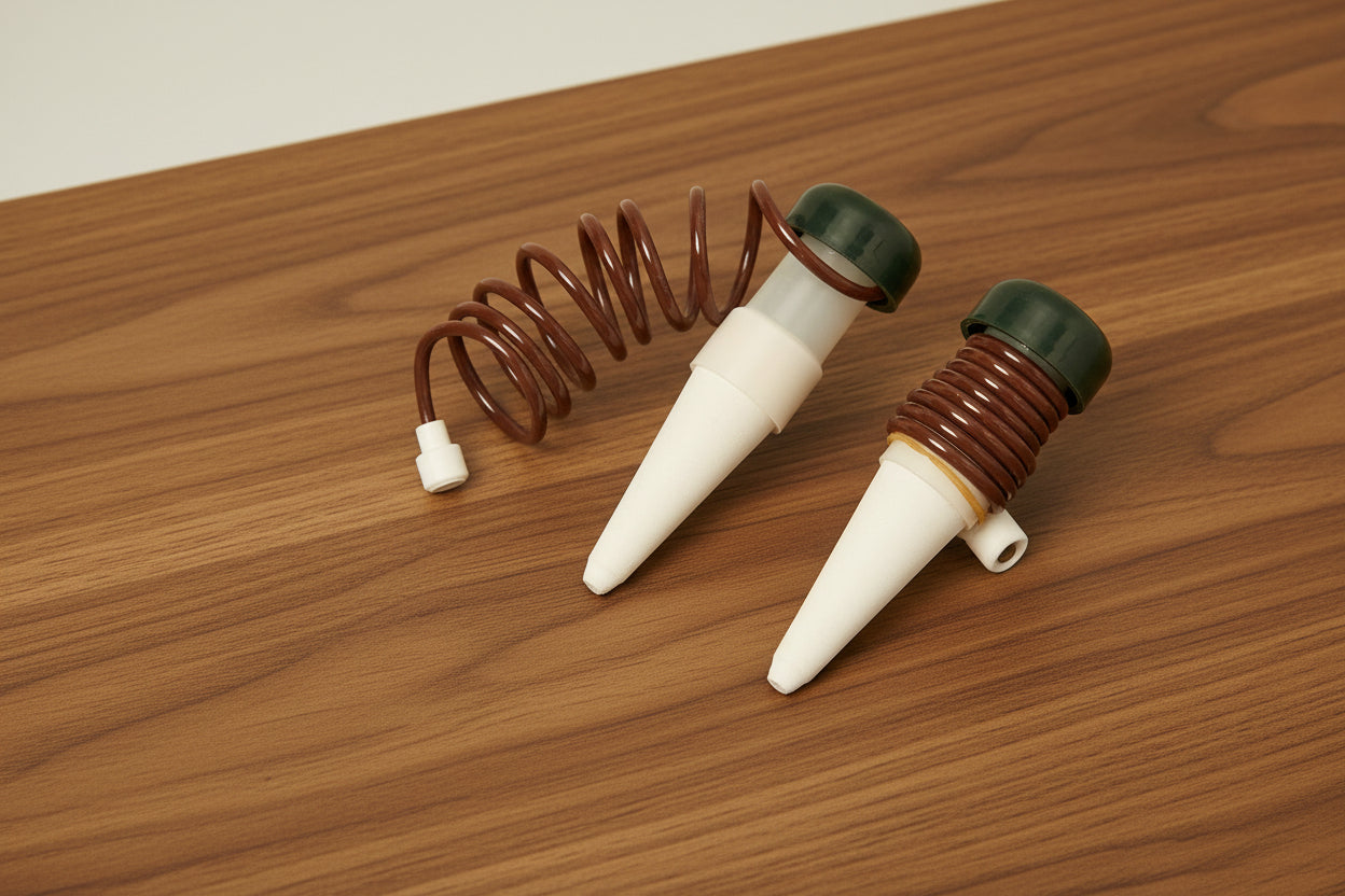 Two white and brown spiral objects on a white background